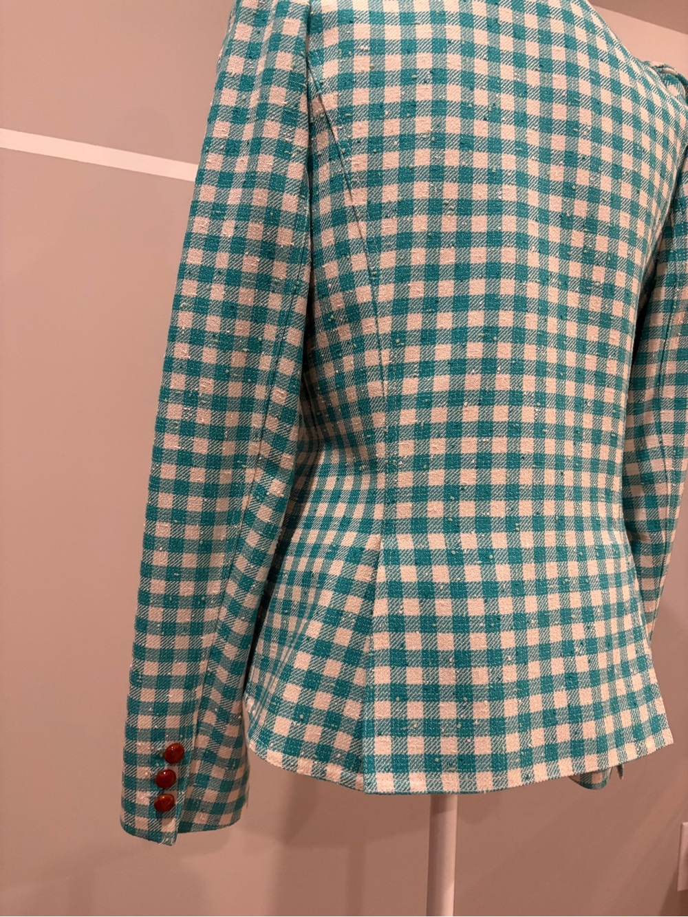 Smythe Pouf Sleeve Aqua Check Gingham Blazer - Picture 6 of 8